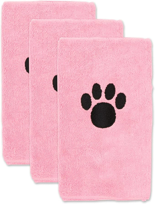 Bone Dry Pet Grooming Towel Collection Embroidered Absorbent Microfiber Drying Set 15x30, Pink, 3 Count