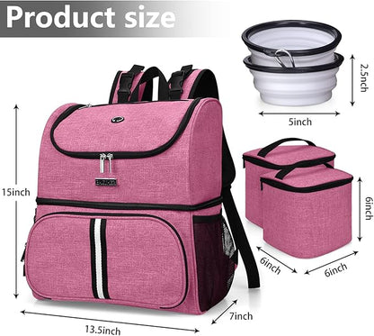 BAGLHER Pet Travel Bag, Double-Layer Pet Supplies Backpack (for All Pet Travel Supplies), Pet Travel Backpack with 2 Silicone Collapsible Bowls and 2 Food Baskets Pink