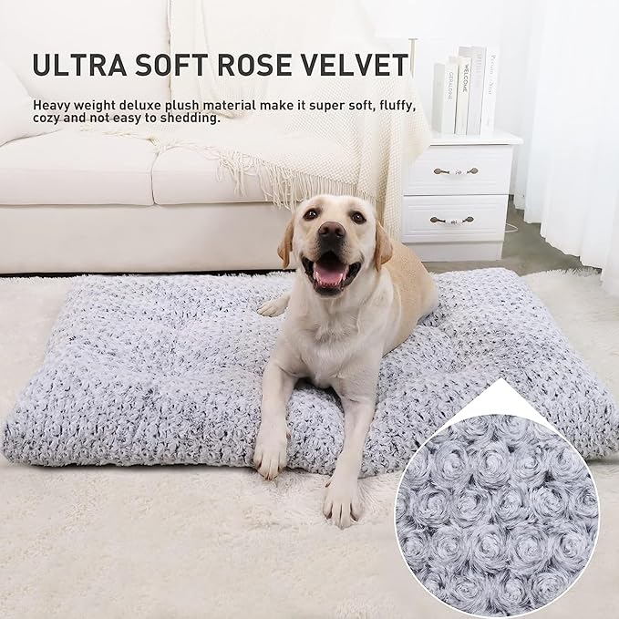 KSIIA Washable Dog Bed Deluxe Plush Dog Crate Beds Fulffy Comfy Kennel Pad Anti-Slip Pet Sleeping Mat for Large 53" x 36", Gray