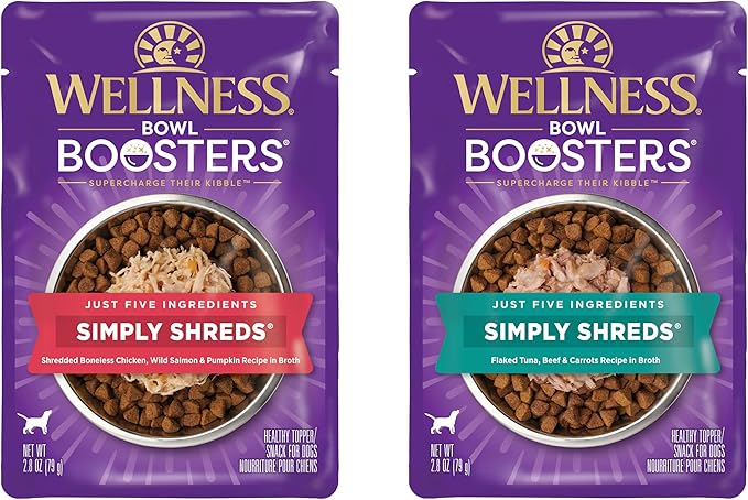 Wellness CORE Simply Shreds Natural Grain Free Wet Dog Food Mixer, Wild Salmon & Pumpkin, 2.8 oz. Pouch (12 Nos) + Natural Grain Free Wet Dog Food Mixer, Tuna, Beef & Carrots, 2.8 oz. Pouch (12 Nos)