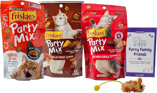 Friskie Party Mix Cat Treats 3 Flavor Variety - (1) Each: Original, Wild West (Beef, Liver, Cheddar), Mixed Grill (2.1 Ounces) - Plus Catnip Toy and Fun Animal Facts Booklet Bundle