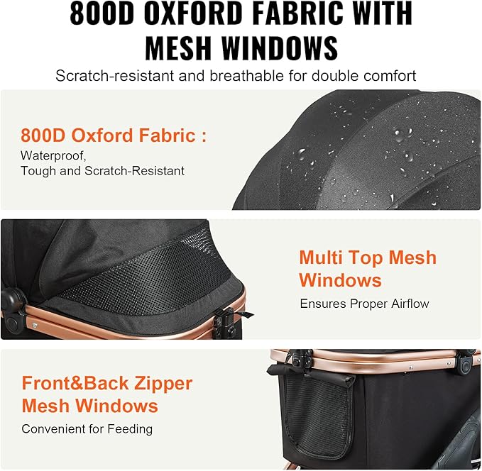 VEVOR 3 in 1 Large Pet Stroller for Dogs Cats Up to 66lbs 4 Wheels 2 Cats