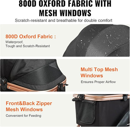 VEVOR 3 in 1 Large Pet Stroller for Dogs Cats Up to 66lbs 4 Wheels 2 Cats