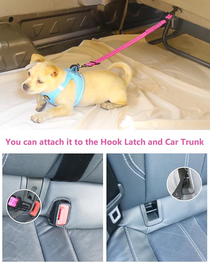 AUBELL Dog Seatbelt, Updated 3-in-1 Pet Car Seat Belt for Dogs, Bungee Dog Car Tether with Clip Hook Latch & Buckle, Heavy Duty Dog Car Harness with Swivel Aluminum Carabiner,Hotpink