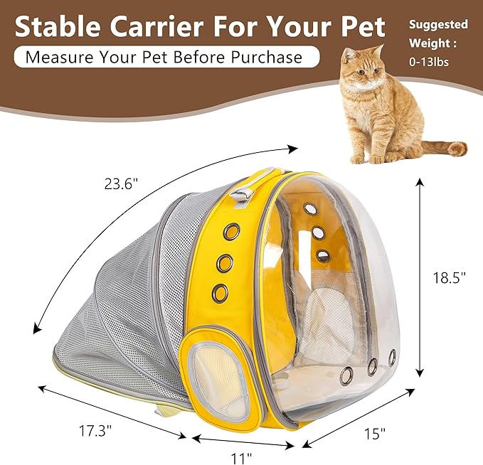 TOYSINTHEBOX Cat Backpack Carrier, Expandable Pet Bubble Backpack for Cat Small Dog Pet Travel Carrier Breathable Carrying Bag for Hiking, Travelling, Walking, Camping & Outdoor Up to 13 Lbs Yellow