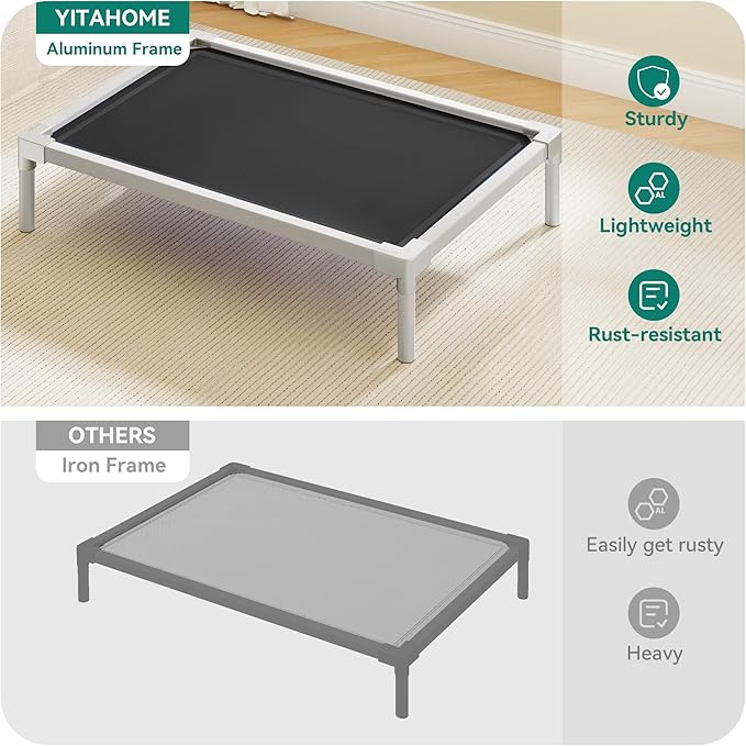 YITAHOME Cooling Elevated Dog Bed, Chew Proof Raised Pet Cot with Aluminum Frame, Breathable Textilene Mesh, Enclosed Edges, Non-Slip Feet, Durable Dog Bed for Indoors & Outdoors, Black, 42 Inch