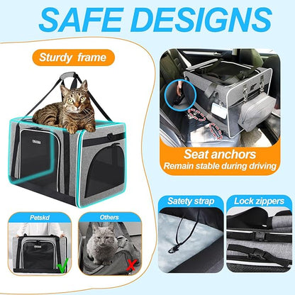 Petskd Large Pet Carrier 24"x17"x17" for Large Cats, Pet Carrier for 2 Cats or Medium Dog, Cat Carrier for Car Travel with Litter Box and Bowl, Cat Soft Carrier with Locking Safety Zipper