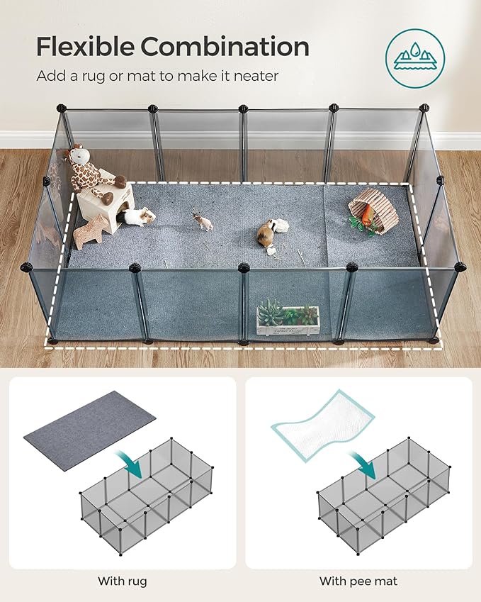 SONGMICS 20 Panels Pet Playpen with Floor, Small Animal Playpen, Pet Fence Indoor, DIY Plastic Enclosure for Guinea Pigs, Bunny, Hamsters, Hedgehogs, 56.3 x 28.7 x 18.1 Inches, Gray ULPC002G01