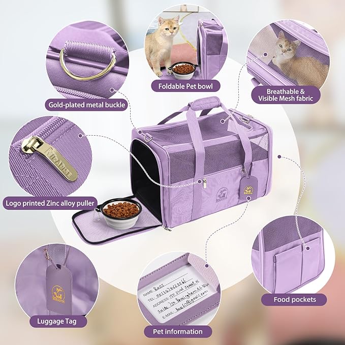 Luxury Pet Carrier for Dogs, Cats, Puppies - Airline TSA Approved, Durable Anti-Scratch Fabric, Soft-Sided, Consistent Airflow, Foldable Design, Cushion Pad, Travel (Lilac, Medium)