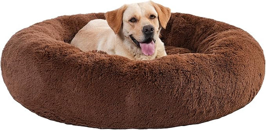 45" Calming Dog Bed with Removable Cover,Anti Anxiety Donut Dog Bed,Plush Round Pet Beds for Extra Large Dogs,Fluffy Faux Fur Dog Bed,Washable Cuddler Dog Bed(Brown,XL)