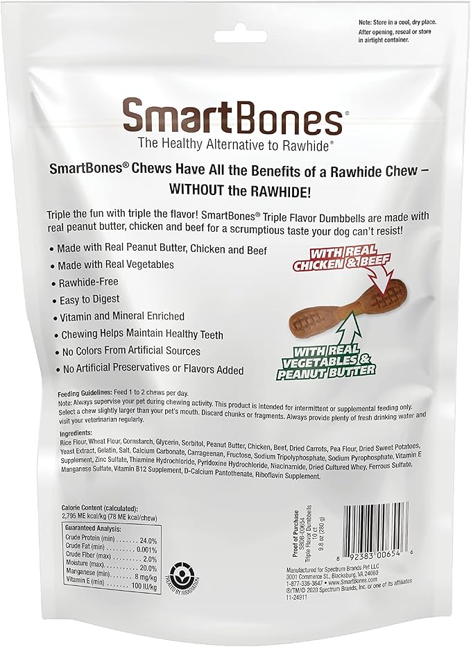 SmartBones Triple Flavor Dumbbells, 10 Count, Rawhide-Free Chews for Dogs, Made with Real Peanut Butter, Chicken and Beef