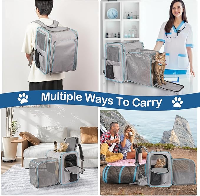 Cat Carrier Backpacks, Expandable Cat Carrier with Litter Box, Cat Carrier Backpack with Collapsible Tunnel, Portable Cat Carrier for Car Travel, Pet Travel Carrier with Litter Box for Long Car Travel