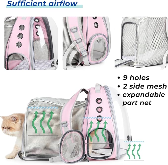 LOLLIMEOW Pet Carrier Backpack, Bubble Backpack Carrier, Cats and Puppies,Airline-Approved, Designed for Travel, Hiking, Walking & Outdoor Use (Square Expandable-Pink)