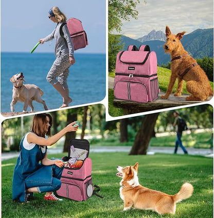 Dog Travel Bag Dog Backpack For Supplies With Food Container Bag for Hiking Overnight Camping Trip Pink