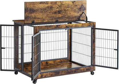 Okak Dog Crate Furniture Wooden Dog Crate With Double Sliding Iron Doors and Lift Top on Casters Heavy-Duty Dog Kennel Indoor for Medium/Large Dog Brown,38.58" L