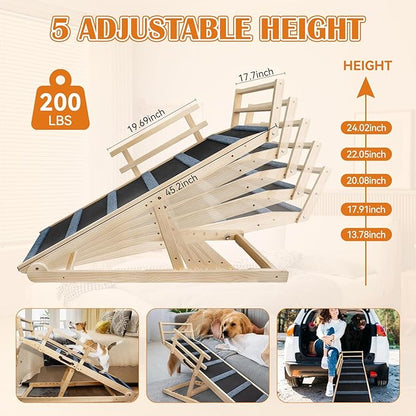 Wooden Dog Ramp for Bed - 5 Level Adjustable Wooden Ramp for Dog Extra Wide Doulbe Anti-Slip Dog Ramp for High Bed 17.7 Inches in Width