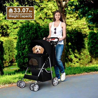 Pet Stroller 4 Wheels Dog Cat Stroller for Medium Small Dogs Cats, Folding Cat Jogger Stroller with Storage Basket & Breathable Mesh, Easy to Walk Travel Carrier, Black