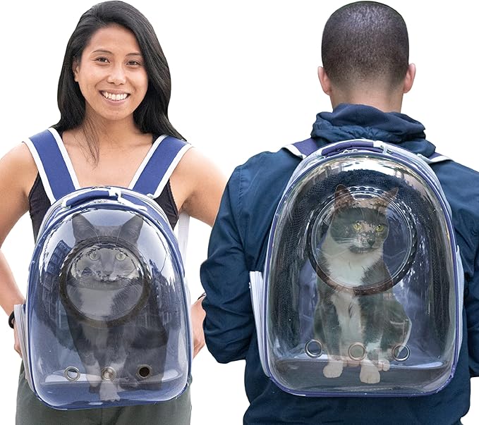 LaLuz2021 Cat Backpack Carrier Pet Bag- Expandable Tent Double Bubble Capsule Backpacks - Plush mat with Bonus Hook and Loop Fastener and Built-in Leash Clip - Blue