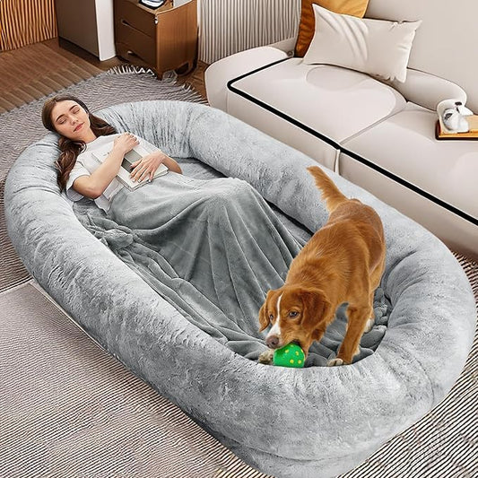 ZIKEE Human Dog Bed for Adults, 72"x48"x12" Giant Dog Beds for Humans, Warm & Comfortable Human Sized Dog Bed, Faux Fur Plush Dog Bed with Pillow, Blanket - Grey