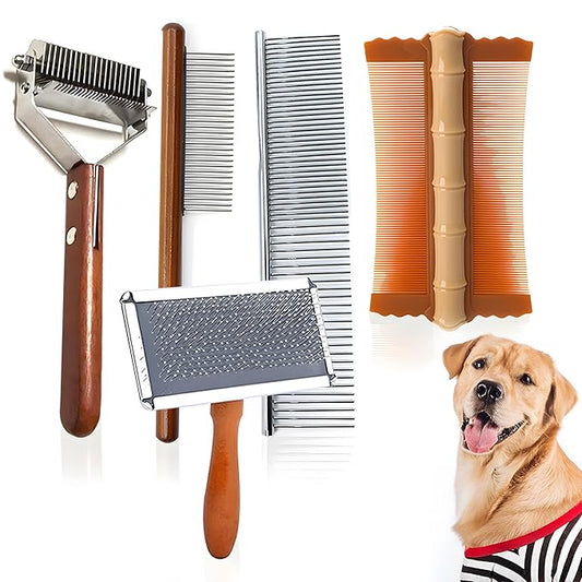 5 Pack Dog Slicker Brush,Wooden Handle Grooming Brush for Shedding & Grooming Short Long Haired Pets,Removes Loose Fur, Undercoat, Tangled for Sensitive Skin of Cats,Easy to Cleaning