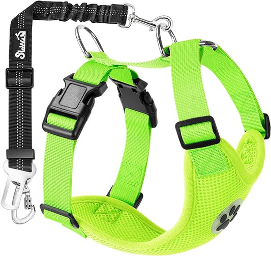 SlowTon Dog Seat Belt Harness for Car, Dog Car Harness Adjustable Mesh Breathable & Dog Seatbelt Safety Tether with Elastic Bungee for Small Medium Large Pets(Lime, Double Clip, S)