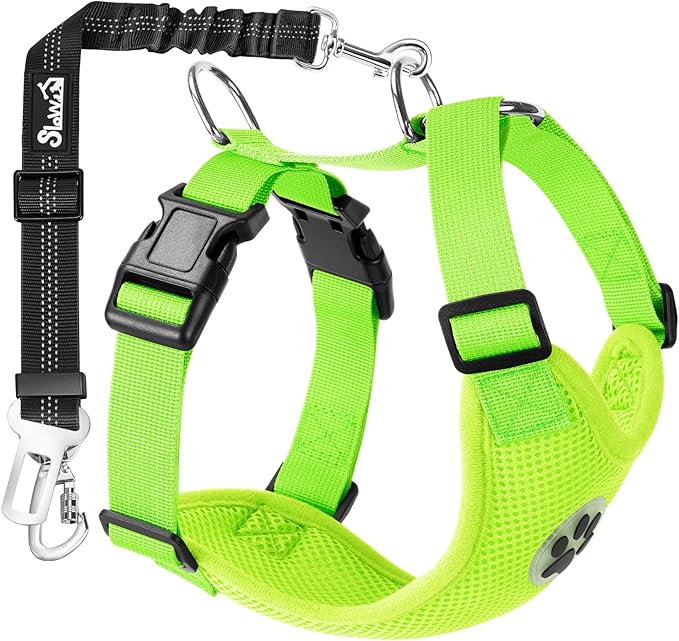 SlowTon Dog Seat Belt Harness for Car, Dog Car Harness Adjustable Mesh Breathable & Dog Seatbelt Safety Tether with Elastic Bungee for Small Medium Large Pets(Lime, Double Clip, XXXS)