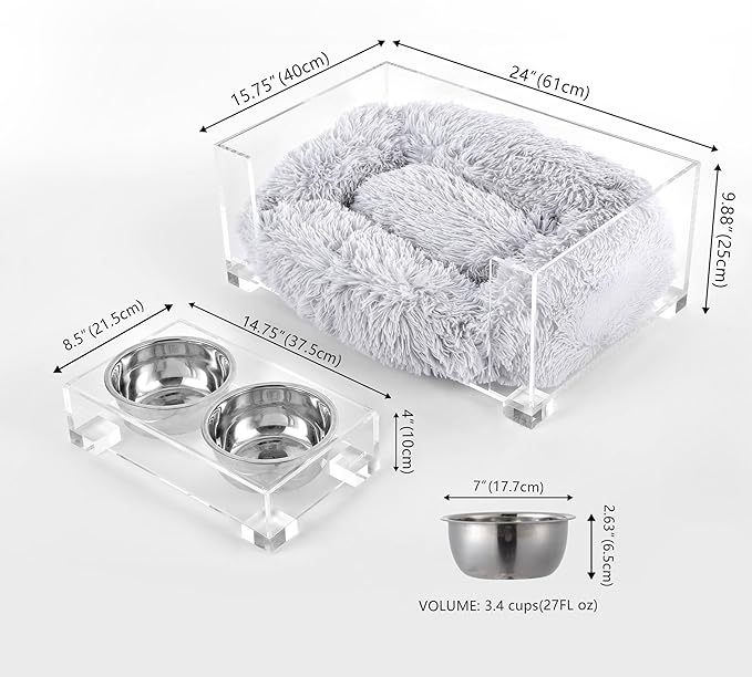 DBD2001A-2SET Billie 24" x 15.75" Small Modern Calming Fluffy Pet Bed with Washable Cushion and 4" Elevated Pet Feeder with 27 oz 2-Stainless Steel Bowls 2)