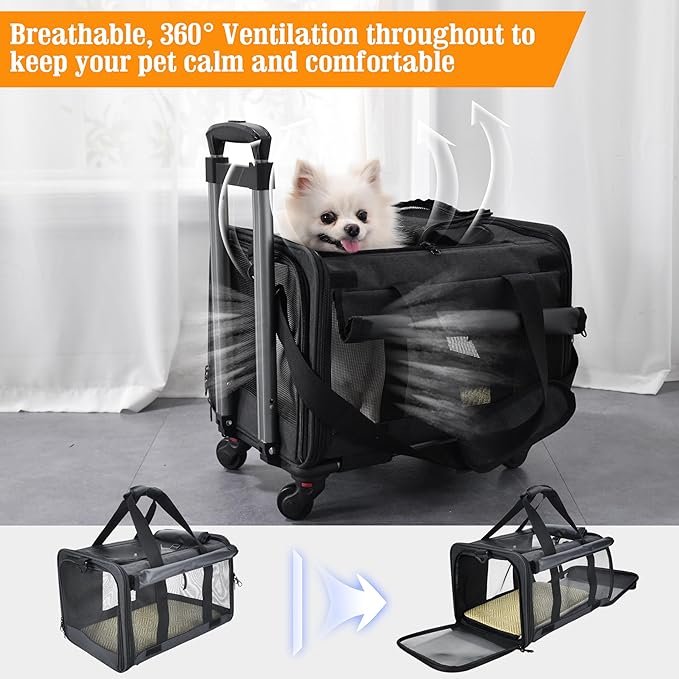 Rolling Airline Approved Premium Dog and Cat Carrier - 16.5" x 13" x 11.5" - Pet Travel Carrier for Small Dogs and Cats Under 16 LBS - Telescopic Handle and 360° Wheels - TSA Approved Cat Carrier