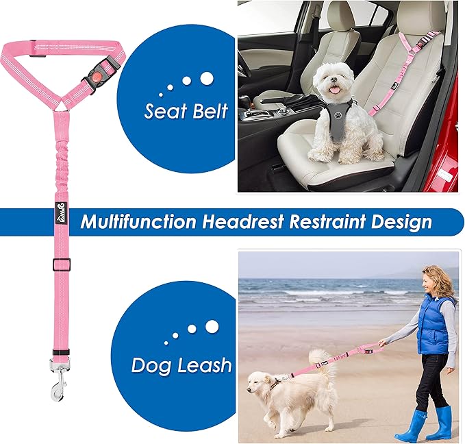 Lukovee Dog Seatbelt Leash for Cars, 2 Pack Pet Safety Car Seat Belt with Adjustable Buckle & Reflective Bungee, Connect Dog Harness in Vehicle Car Dogs Restraint Travel Daily Use (Pink)