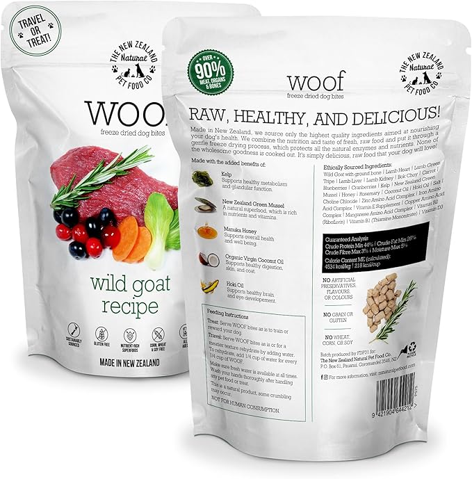 Woof Freeze Dried Dog Food - Wild Goat Recipe, High Protein, Complete Diet, Dog Treats, All Life Stages - 1.76 oz