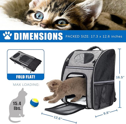 FluffyDream Cat Backpack, Dog Carrier Backpacks, Foldable Backpack, Ventilated Design, Up to 15.4 lbs, Backpack for Camping Traveling Hiking Outing, Grey, Black, Large (PTCARIERBACKPK01GV1)