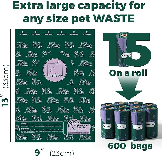 Dog Poop Bags Rolls 600 Bags 40 Refill 65% Recycled
