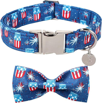 4th of July Dog Collar with Bow Tie 8-12in