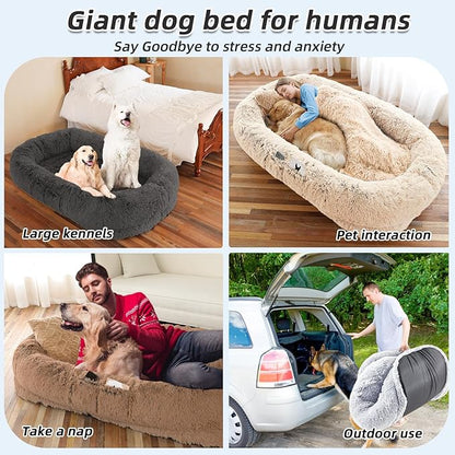 𝗛𝘂𝗺𝗮𝗻 𝗗𝗼𝗴 𝗕𝗲𝗱, Large Dog Beds for Humans Size Fits You and Pets, Washable Faux Fur Orthopedic Human Dog Bed for People Doze Off, Napping, Present Pillow, Blanket, Strap - Khaki