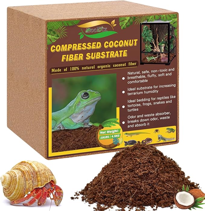 ZeeDix 10LB Compressed Coconut Fiber Substrate, 100% Organic Coco Coir Fiber Brick Husk Substrate Bedding for Reptiles, Geckos, Lizards, Tortoises, Ball Python, Frogs