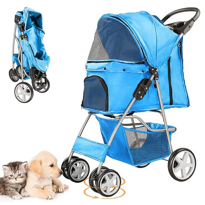 Pet Stroller for Small Dogs and CatsQuick-Folding Portable Travel Cat Dog Stroller with Storage Basket and Cup Holder 4 Wheels,
