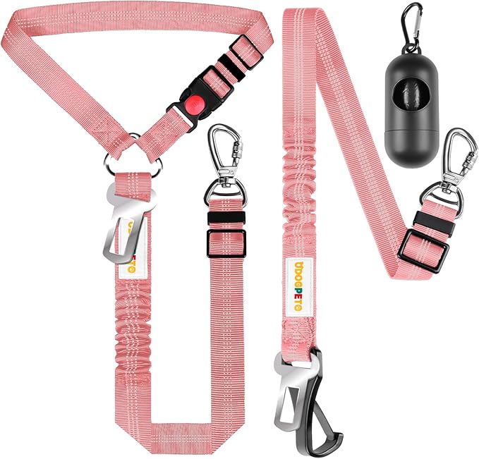 Dog Seat Belt for Car, Adjustable 4-in-1 Dog Car Seatbelt Leash with Hook & Buckle, Reflective Dog Seatbelt Harness for Car with Vehicle Car Headrest & Swivel Carabiner and Poop Bag, Pink