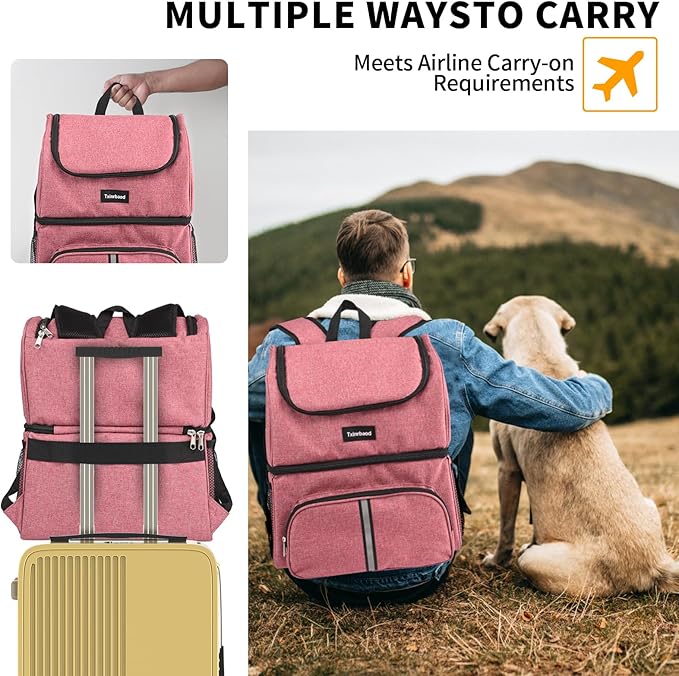 Dog Travel Bag Dog Backpack For Supplies With Food Container Bag for Hiking Overnight Camping Trip Pink