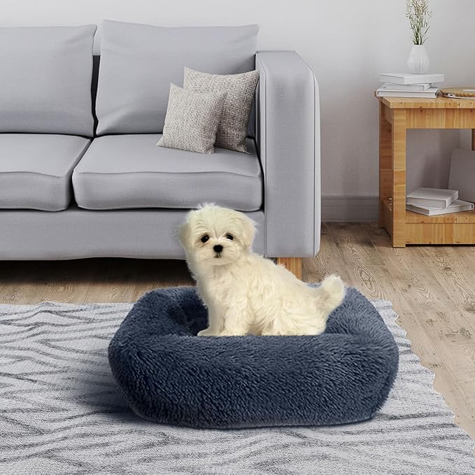 37 Inch Large Dog Beds for Small Medium Large Dogs, Comfy Pet Bed with Sides, Anti Anxiety Fluffy Dog Cuddler Beds, Rectangle Calminging Bed, Blue Grey