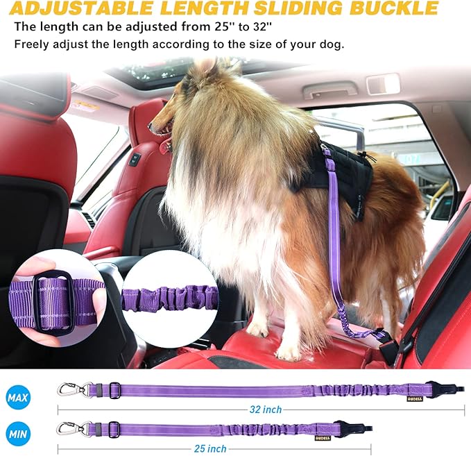 AUBELL Dog Seatbelt, Updated 3-in-1 Pet Car Seat Belt for Dogs, Bungee Dog Car Tether with Clip Hook Latch & Buckle, Heavy Duty Dog Car Harness with Swivel Aluminum Carabiner,Purple