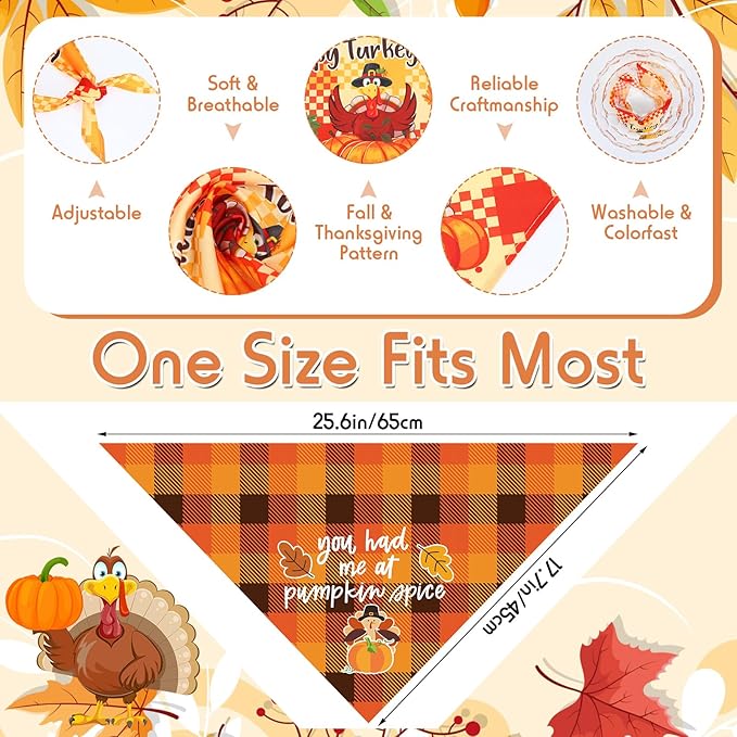 Sweetude 100 Pcs Fall Thanksgiving Plaid Dog Bandanas Bulk Thanksgiving Dog Scarf Bibs