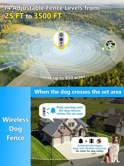 Wireless Dog Fence System for 2 Dogs 856 Acre Electric Fence for Dogs Training Collar with Remote No Wire Boundary Rechargeable 2 in 1 Waterproof Pet Containment Large Medium Dog with 2 Collars