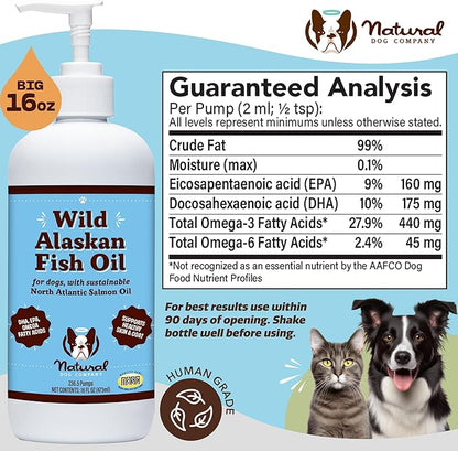 Natural Dog Company Wild Alaskan Fish Oil for Dogs and Cats (16oz) - Blend of Pollock Oil & Wild Salmon Oil for Dogs - EPA, DHA & Omega 3 for Dogs - Reduces Shedding, Nourishes Skin, Coat & Joints