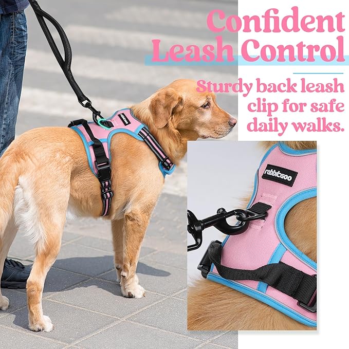 rabbitgoo Dog Harness, No-Pull Pet Harness with 2 Leash Clips, Adjustable Soft Padded Dog Vest, Reflective No-Choke Pet Oxford Vest with Easy Control Handle for Large Dogs, Pink & Blue, S