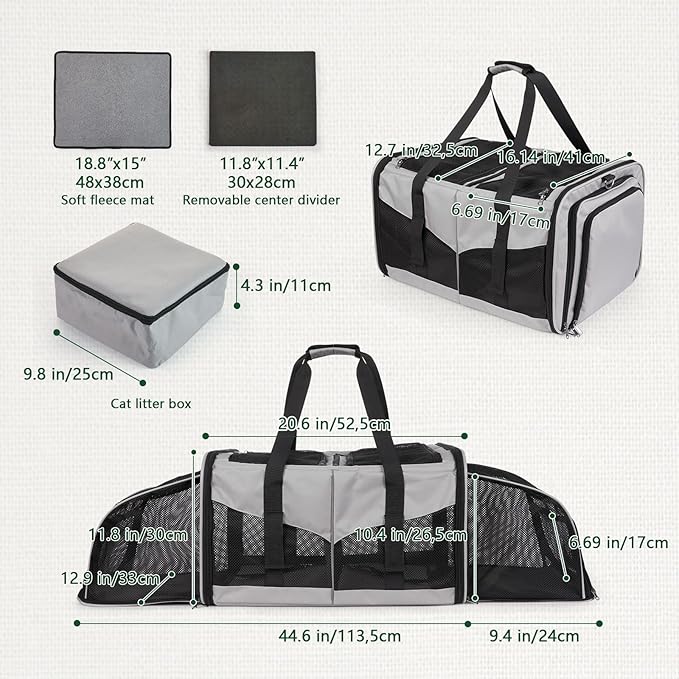 Cat Travel Carrier with Litter Boxes for 2 Cats, Double-Compartment Soft Pet Carrier, Expandable Portable Cat Carrier for Car Travel, up to 35 lb Road Trip, Camping, Hiking, Grey