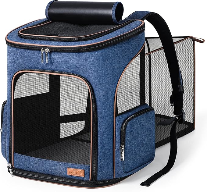 Lekereise Large Cat Backpack Carrier Fit Up to 20 25 Lbs, Expandable Pet Carrier Backpack Foldable Dog Backpack Carrier, Blue