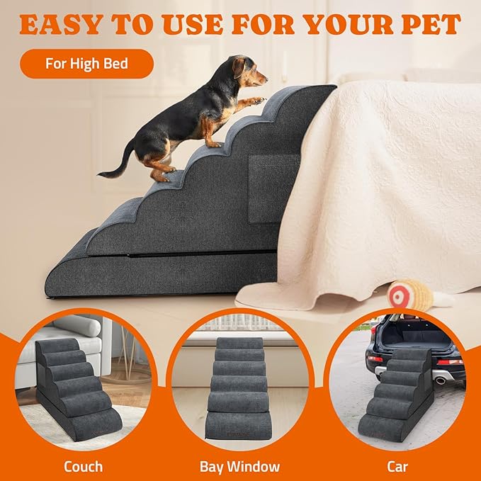 Dog Stairs for High Bed: Foam Pet Stairs for Dogs to Get on Bed Couch 24" Tall 6 Tiers,