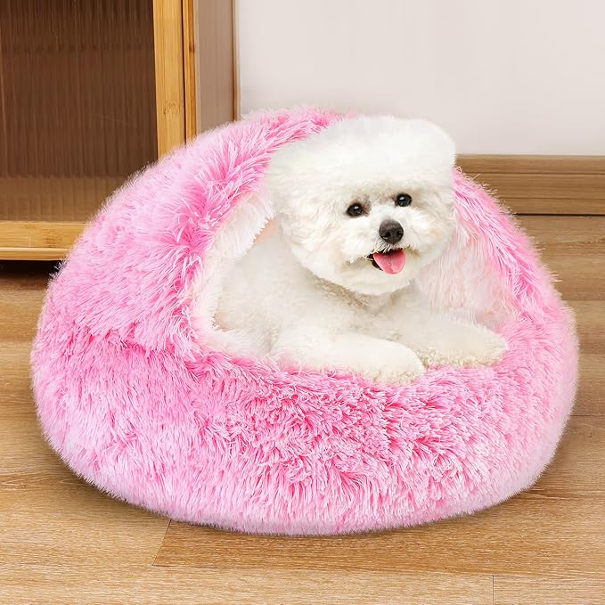 NOYAL Dog Bed Round Hooded Plush Cat Cave