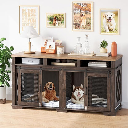 Dog Crate Furniture 71" Heavy 3 Storage 2 Dogs, 2 Sliding