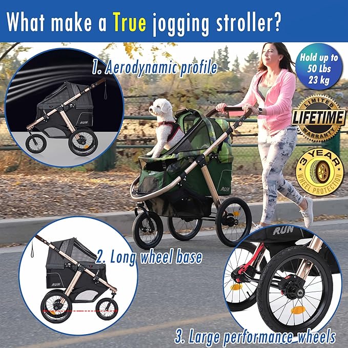 HPZ Pet Rover Run Performance Jogging Sports Stroller with Comfort Rubber Wheels/Zipper-Less Entry/1-Hand Quick Fold/Aluminum Frame for Small/Medium Dogs